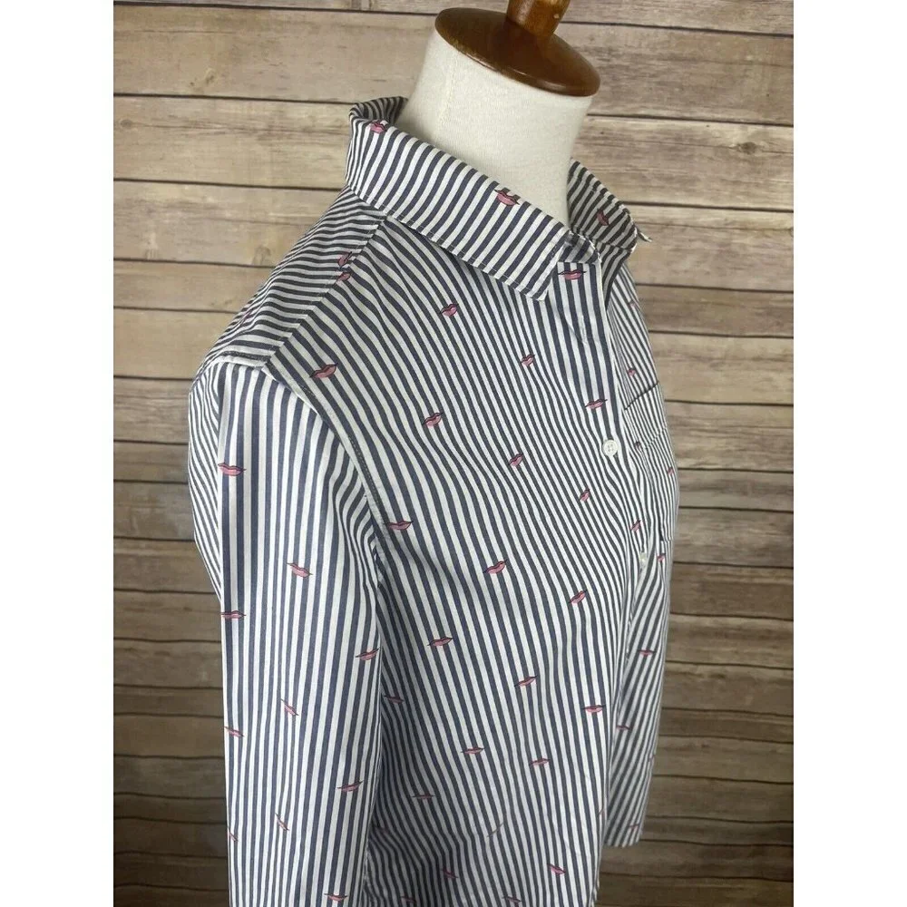 Banana Republic Small Quinn Boy Fit Button Up Striped Lip Print Blouse Blue Pink - Picture 9 of 11
